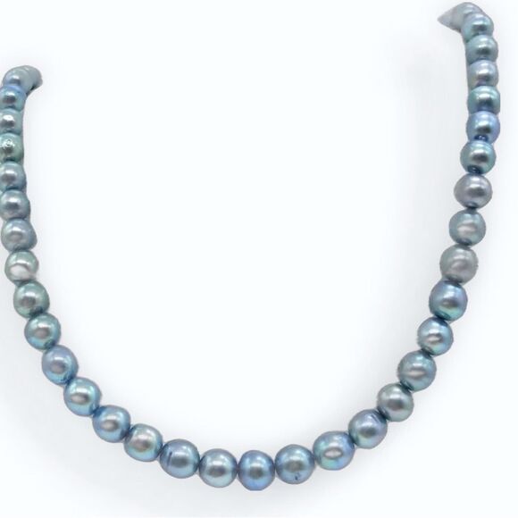 Auth Silver Natural Blue Akoya Single Strand Pearl Bead String Necklace Silver